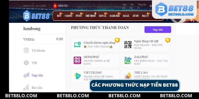 Đa dạng hình thức nạp tiền Bet88